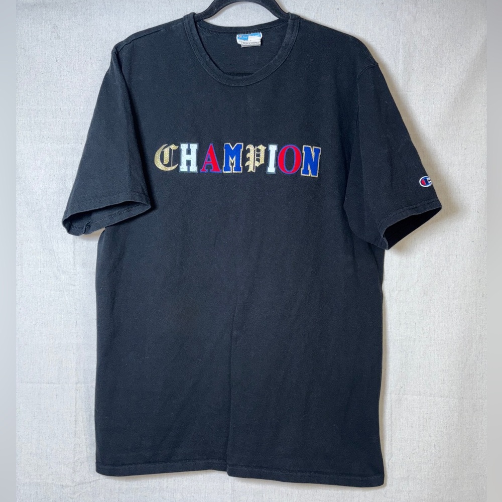 VINTAGE Champion Shirt Adult Sz XL Black Short Sleeve Tee Spell Out Old English